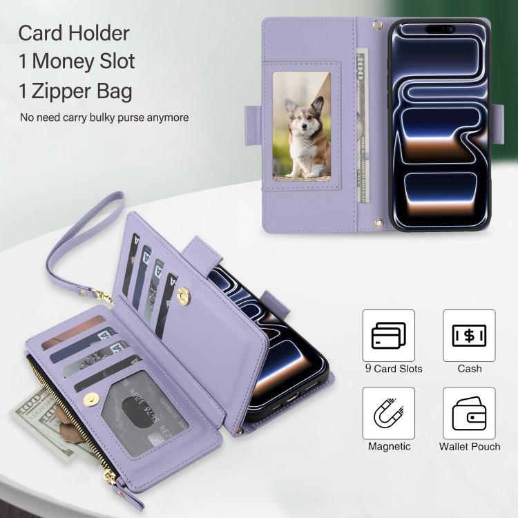 For iPhone 17 Pro Max Crossbody Diamond 9 Card Slots Zipper Bag Vegan Leather Phone Case