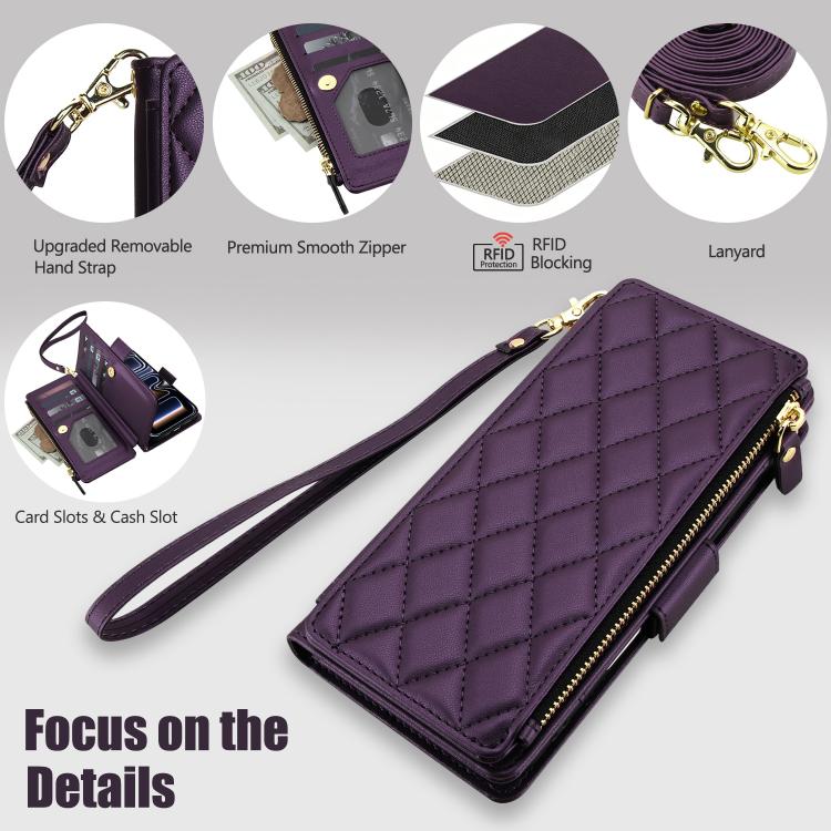 For iPhone 17 Pro Max Crossbody Diamond 9 Card Slots Zipper Bag Vegan Leather Phone Case