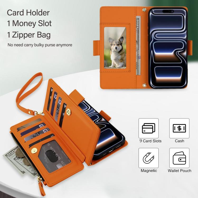 For iPhone 17 Pro Crossbody Diamond 9 Card Slots Zipper Bag Vegan Leather Phone Case