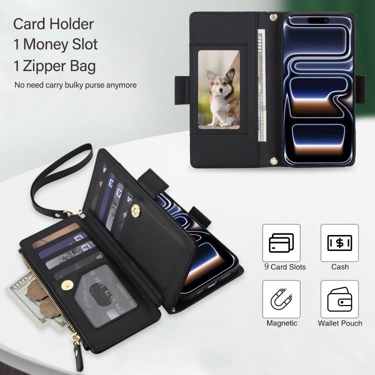 For iPhone 17 Pro Crossbody Diamond 9 Card Slots Zipper Bag Vegan Leather Phone Case