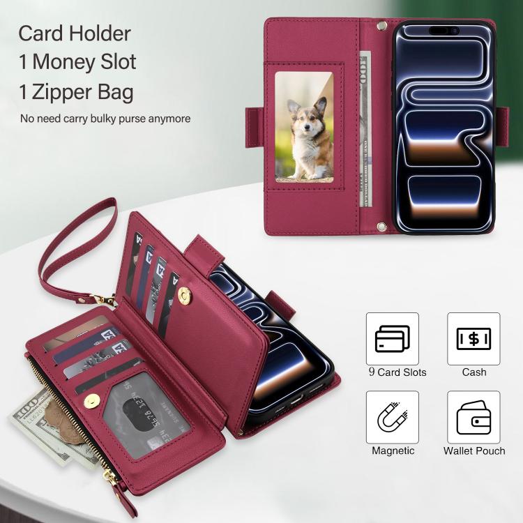 For iPhone 17 Pro Crossbody Diamond 9 Card Slots Zipper Bag Vegan Leather Phone Case