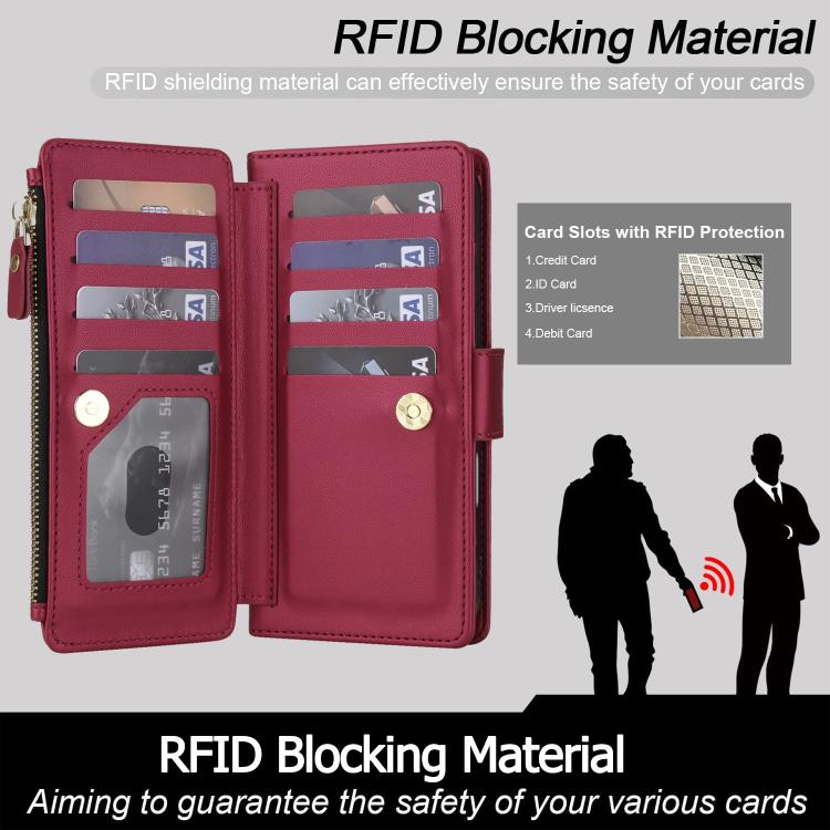 For iPhone 17 Pro Crossbody Diamond 9 Card Slots Zipper Bag Vegan Leather Phone Case