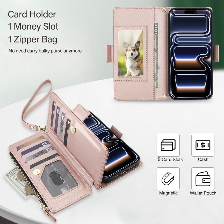 For iPhone 17 Pro Crossbody Diamond 9 Card Slots Zipper Bag Vegan Leather Phone Case