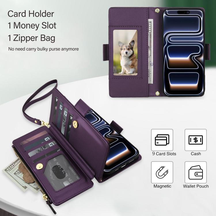 For iPhone 17 Pro Crossbody Diamond 9 Card Slots Zipper Bag Vegan Leather Phone Case