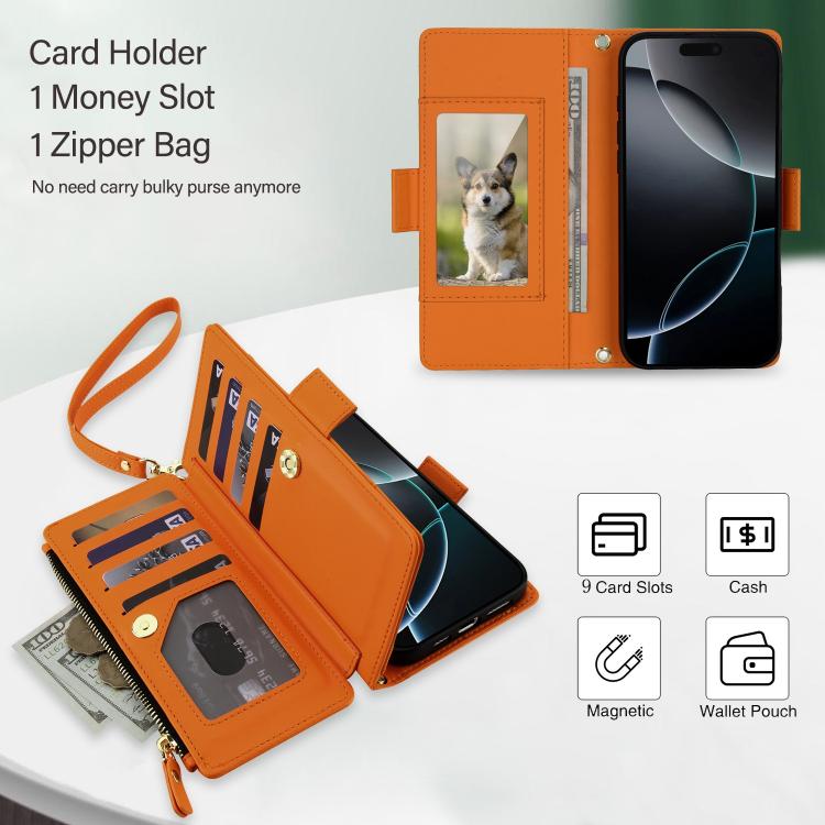 For iPhone 16 Pro Max Crossbody Diamond 9 Card Slots Zipper Bag Vegan Leather Phone Case