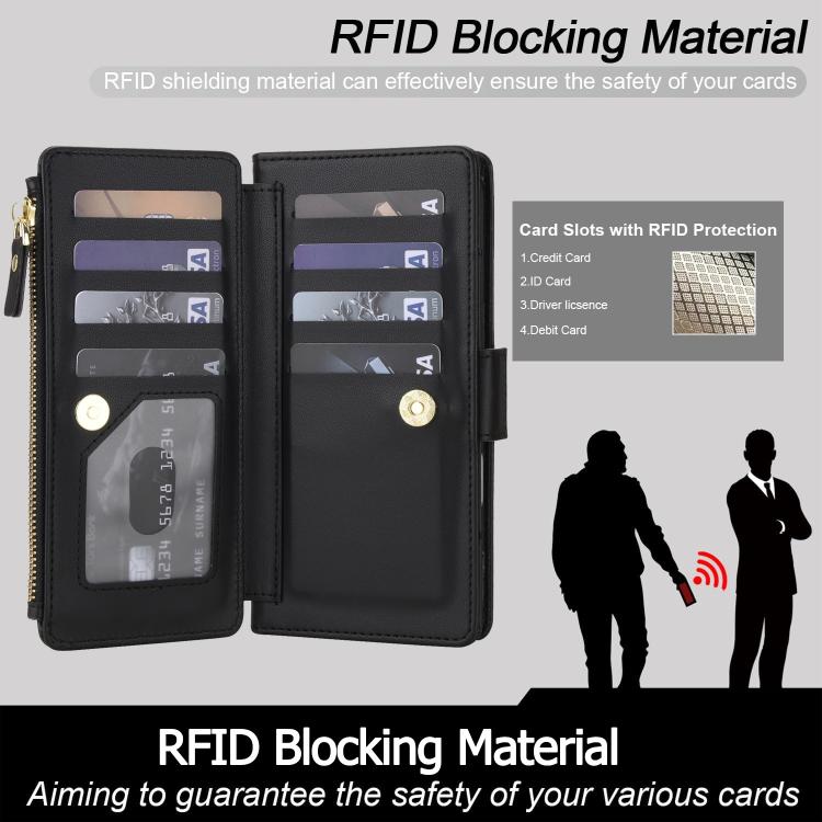 For iPhone 16 Pro Max Crossbody Diamond 9 Card Slots Zipper Bag Vegan Leather Phone Case