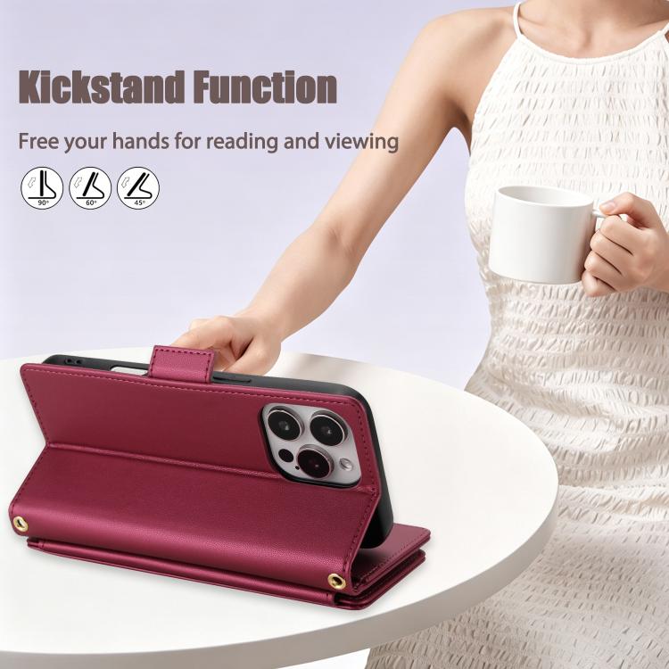 For iPhone 16 Pro Max Crossbody Diamond 9 Card Slots Zipper Bag Vegan Leather Phone Case
