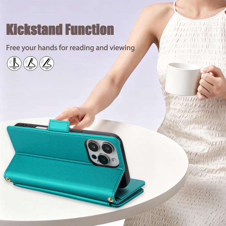 For iPhone 16 Pro Max Crossbody Diamond 9 Card Slots Zipper Bag Vegan Leather Phone Case