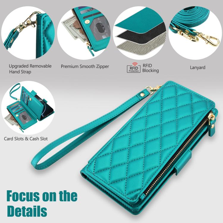 For iPhone 16 Pro Max Crossbody Diamond 9 Card Slots Zipper Bag Vegan Leather Phone Case