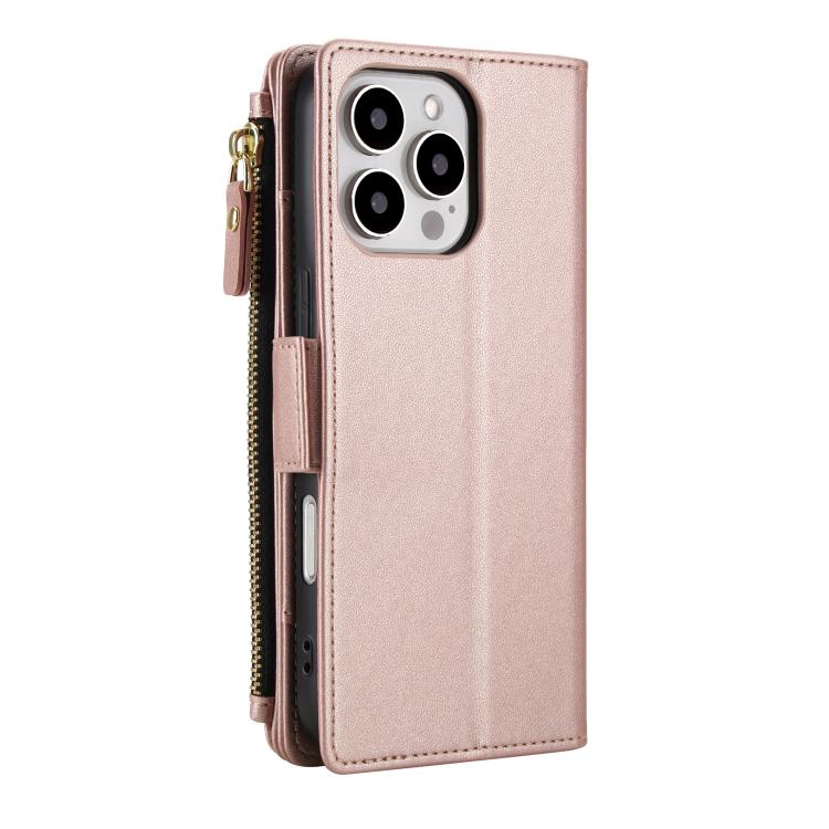For iPhone 16 Pro Max Crossbody Diamond 9 Card Slots Zipper Bag Vegan Leather Phone Case