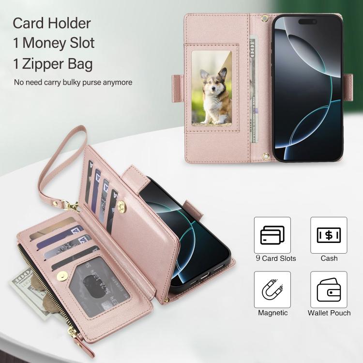 For iPhone 16 Pro Max Crossbody Diamond 9 Card Slots Zipper Bag Vegan Leather Phone Case