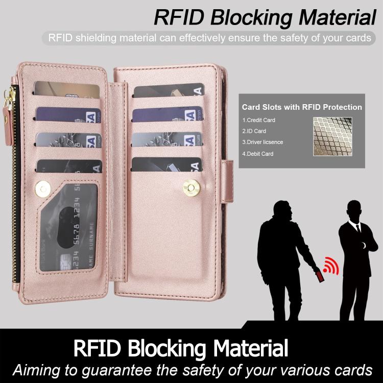 For iPhone 16 Pro Max Crossbody Diamond 9 Card Slots Zipper Bag Vegan Leather Phone Case