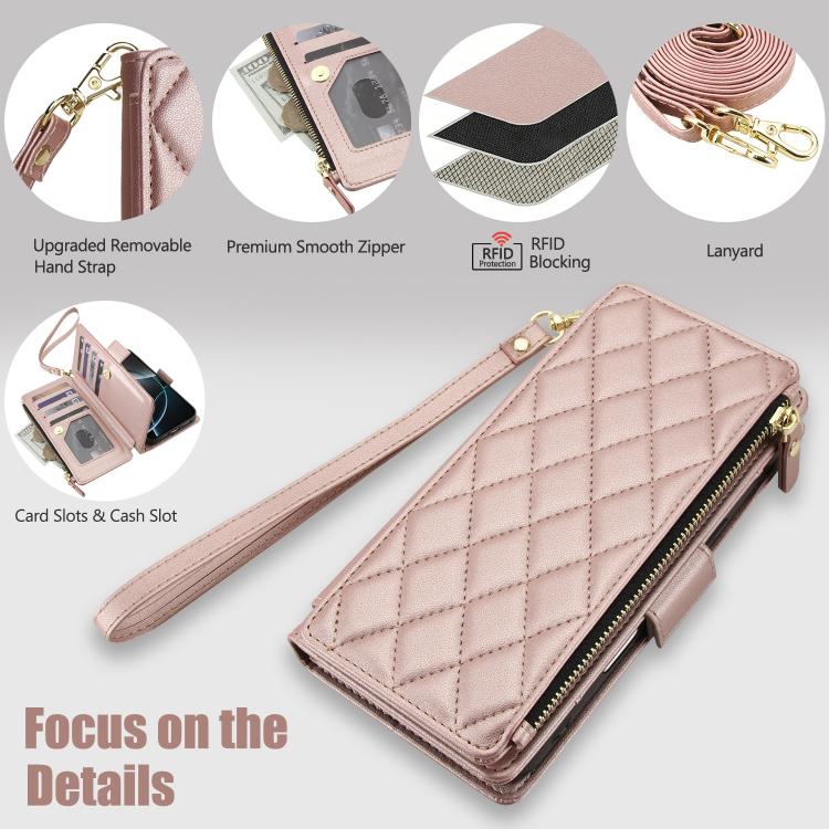 For iPhone 16 Pro Max Crossbody Diamond 9 Card Slots Zipper Bag Vegan Leather Phone Case