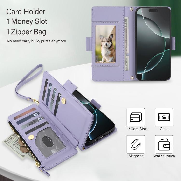 For iPhone 16 Pro Max Crossbody Diamond 9 Card Slots Zipper Bag Vegan Leather Phone Case