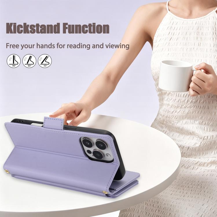 For iPhone 16 Pro Max Crossbody Diamond 9 Card Slots Zipper Bag Vegan Leather Phone Case