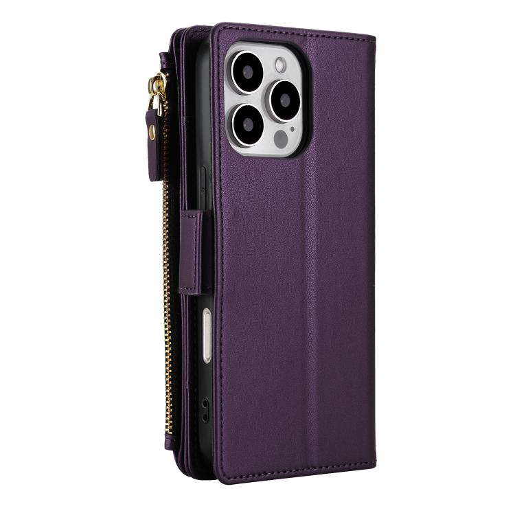 For iPhone 16 Pro Max Crossbody Diamond 9 Card Slots Zipper Bag Vegan Leather Phone Case