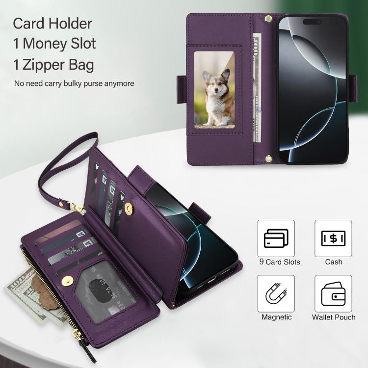 For iPhone 16 Pro Max Crossbody Diamond 9 Card Slots Zipper Bag Vegan Leather Phone Case