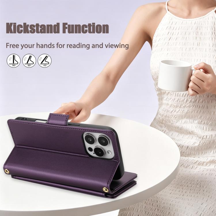For iPhone 16 Pro Max Crossbody Diamond 9 Card Slots Zipper Bag Vegan Leather Phone Case