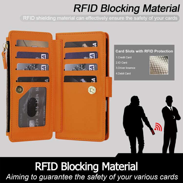 For iPhone 16 Pro Crossbody Diamond 9 Card Slots Zipper Bag Vegan Leather Phone Case