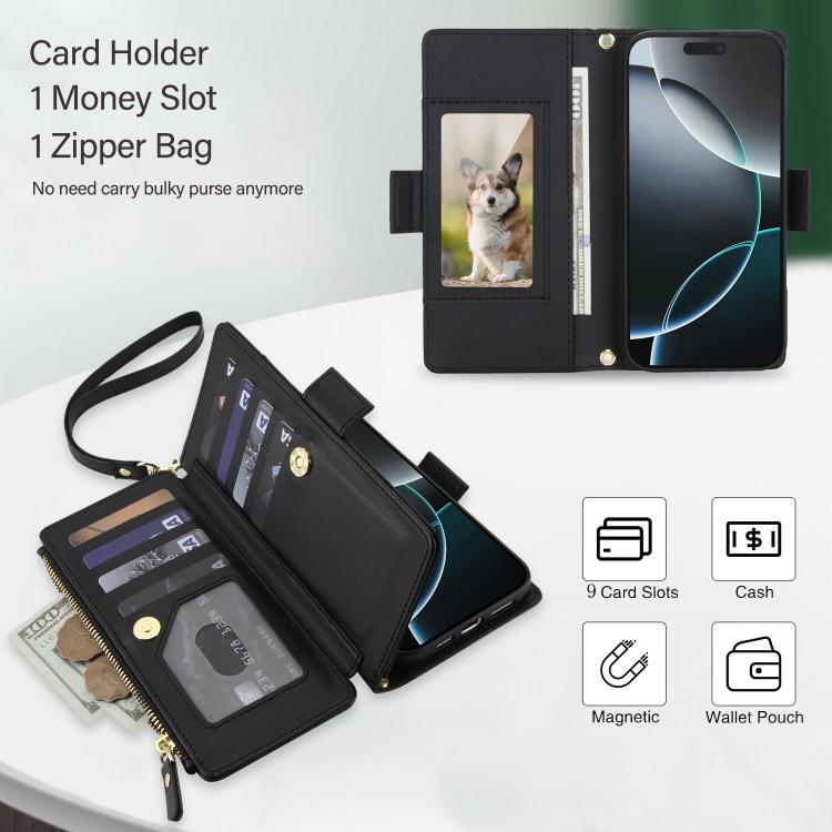 For iPhone 16 Pro Crossbody Diamond 9 Card Slots Zipper Bag Vegan Leather Phone Case