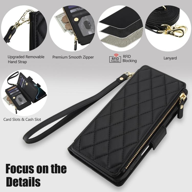 For iPhone 16 Pro Crossbody Diamond 9 Card Slots Zipper Bag Vegan Leather Phone Case