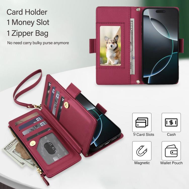 For iPhone 16 Pro Crossbody Diamond 9 Card Slots Zipper Bag Vegan Leather Phone Case