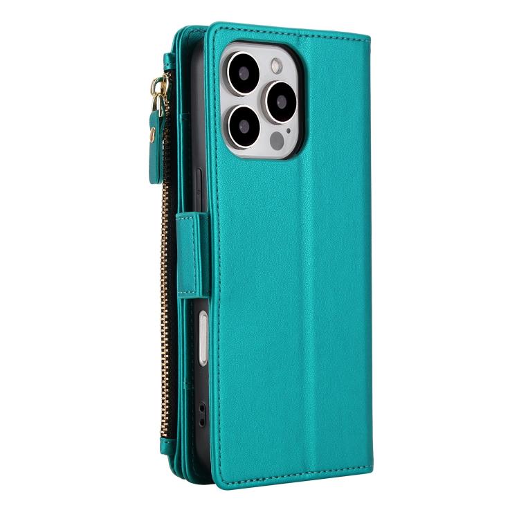 For iPhone 16 Pro Crossbody Diamond 9 Card Slots Zipper Bag Vegan Leather Phone Case
