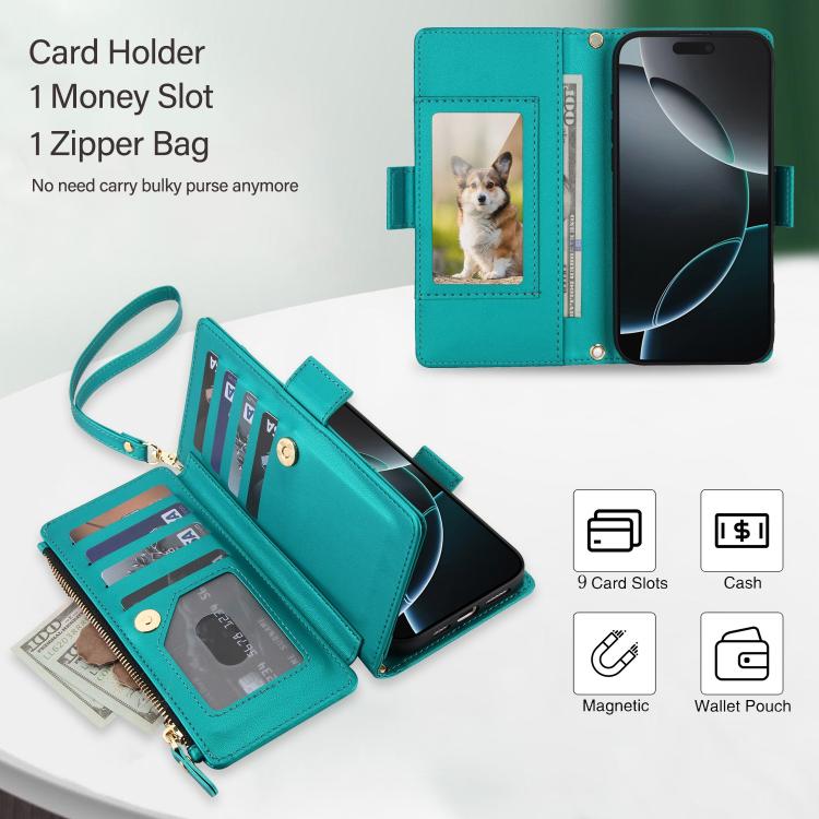 For iPhone 16 Pro Crossbody Diamond 9 Card Slots Zipper Bag Vegan Leather Phone Case