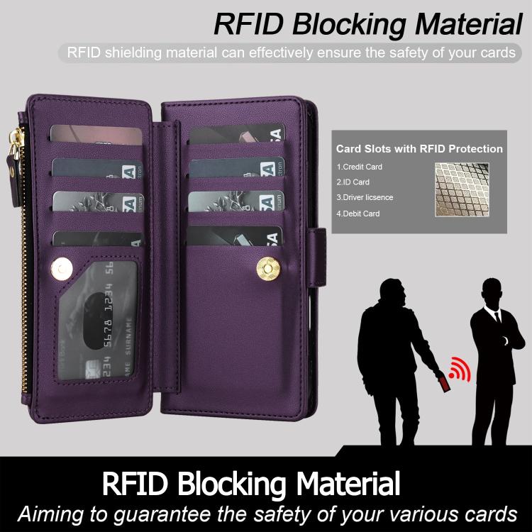 For iPhone 16 Pro Crossbody Diamond 9 Card Slots Zipper Bag Vegan Leather Phone Case