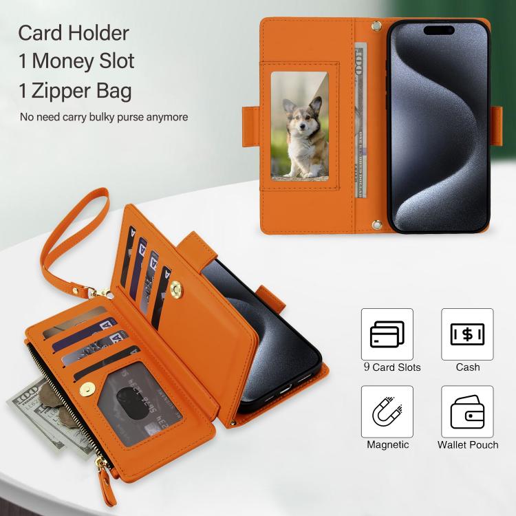 For iPhone 15 Pro Crossbody Diamond 9 Card Slots Zipper Bag Vegan Leather Phone Case