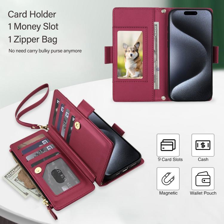 For iPhone 15 Pro Crossbody Diamond 9 Card Slots Zipper Bag Vegan Leather Phone Case