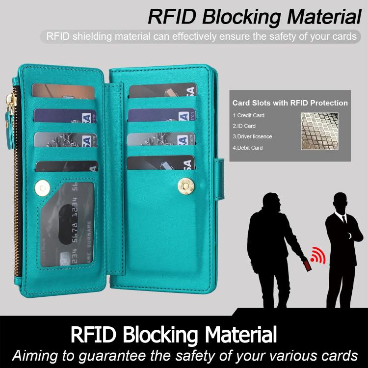 For iPhone 15 Pro Crossbody Diamond 9 Card Slots Zipper Bag Vegan Leather Phone Case