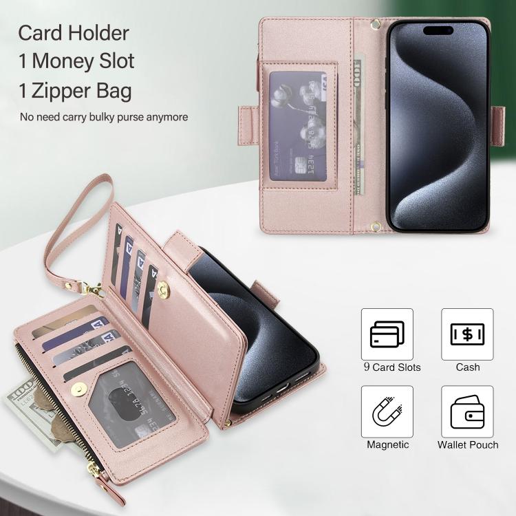 For iPhone 15 Pro Crossbody Diamond 9 Card Slots Zipper Bag Vegan Leather Phone Case