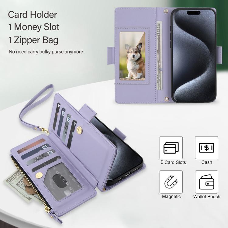 For iPhone 15 Pro Crossbody Diamond 9 Card Slots Zipper Bag Vegan Leather Phone Case