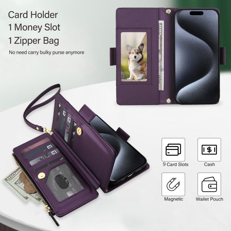 For iPhone 15 Pro Crossbody Diamond 9 Card Slots Zipper Bag Vegan Leather Phone Case