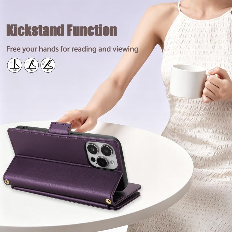 For iPhone 15 Pro Crossbody Diamond 9 Card Slots Zipper Bag Vegan Leather Phone Case