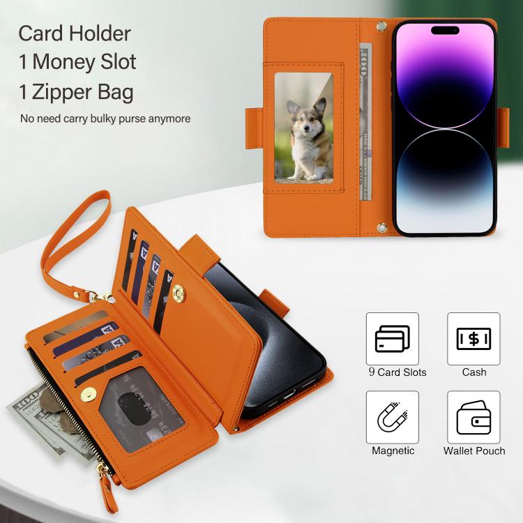 For iPhone 14 Pro Max Crossbody Diamond 9 Card Slots Zipper Bag Vegan Leather Phone Case