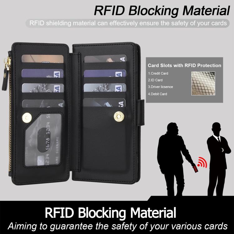 For iPhone 14 Pro Max Crossbody Diamond 9 Card Slots Zipper Bag Vegan Leather Phone Case