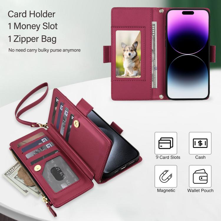 For iPhone 14 Pro Max Crossbody Diamond 9 Card Slots Zipper Bag Vegan Leather Phone Case