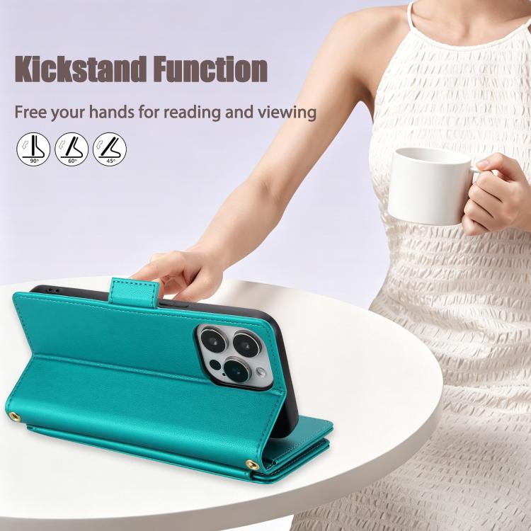 For iPhone 14 Pro Max Crossbody Diamond 9 Card Slots Zipper Bag Vegan Leather Phone Case