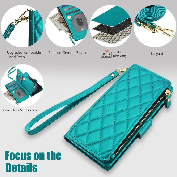 For iPhone 14 Pro Max Crossbody Diamond 9 Card Slots Zipper Bag Vegan Leather Phone Case
