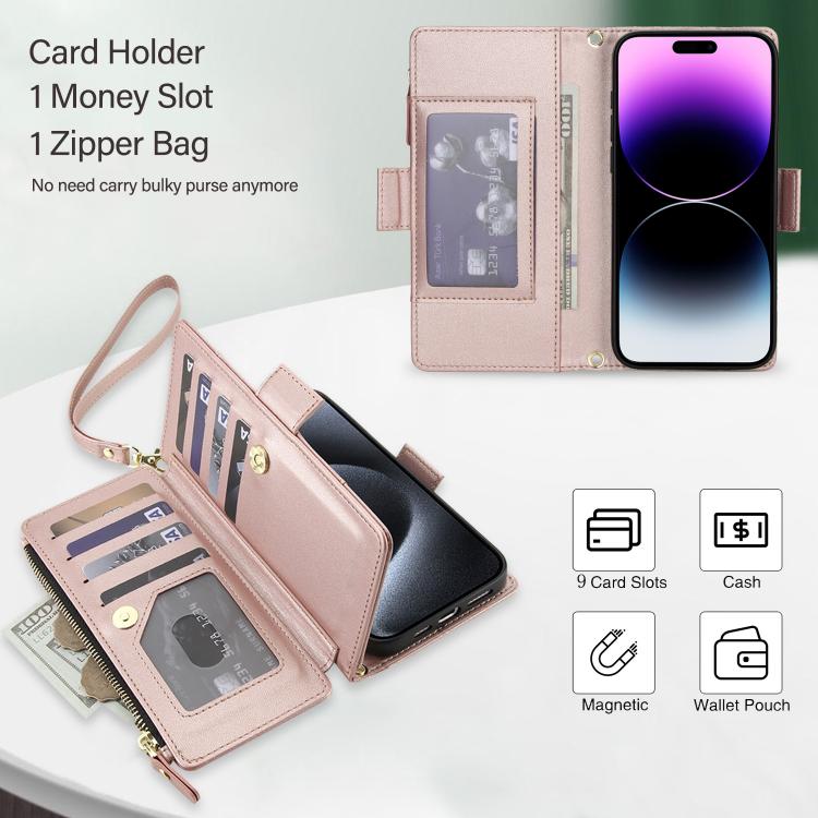 For iPhone 14 Pro Max Crossbody Diamond 9 Card Slots Zipper Bag Vegan Leather Phone Case