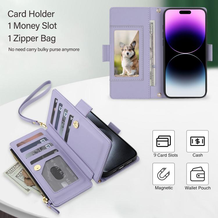 For iPhone 14 Pro Max Crossbody Diamond 9 Card Slots Zipper Bag Vegan Leather Phone Case