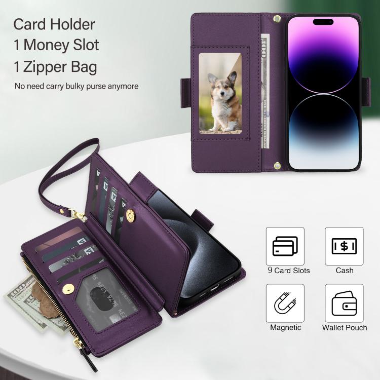For iPhone 14 Pro Max Crossbody Diamond 9 Card Slots Zipper Bag Vegan Leather Phone Case