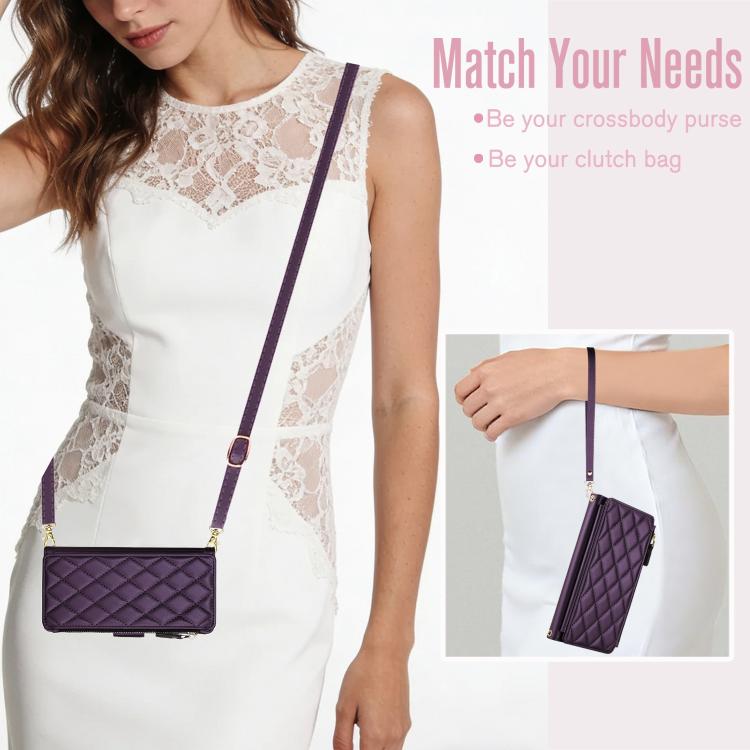 For iPhone 14 Pro Max Crossbody Diamond 9 Card Slots Zipper Bag Vegan Leather Phone Case