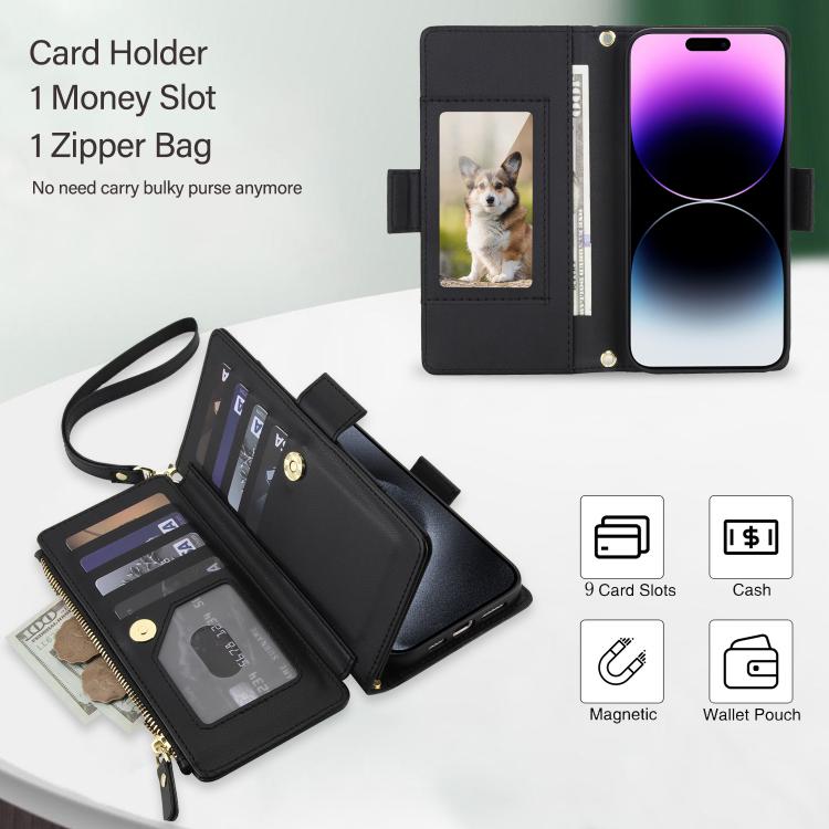 For iPhone 14 Pro Crossbody Diamond 9 Card Slots Zipper Bag Vegan Leather Phone Case