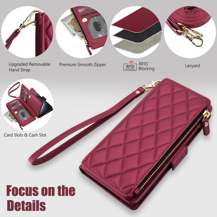 For iPhone 14 Pro Crossbody Diamond 9 Card Slots Zipper Bag Vegan Leather Phone Case