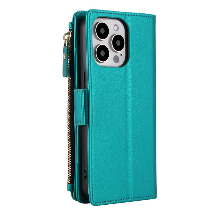 For iPhone 14 Pro Crossbody Diamond 9 Card Slots Zipper Bag Vegan Leather Phone Case