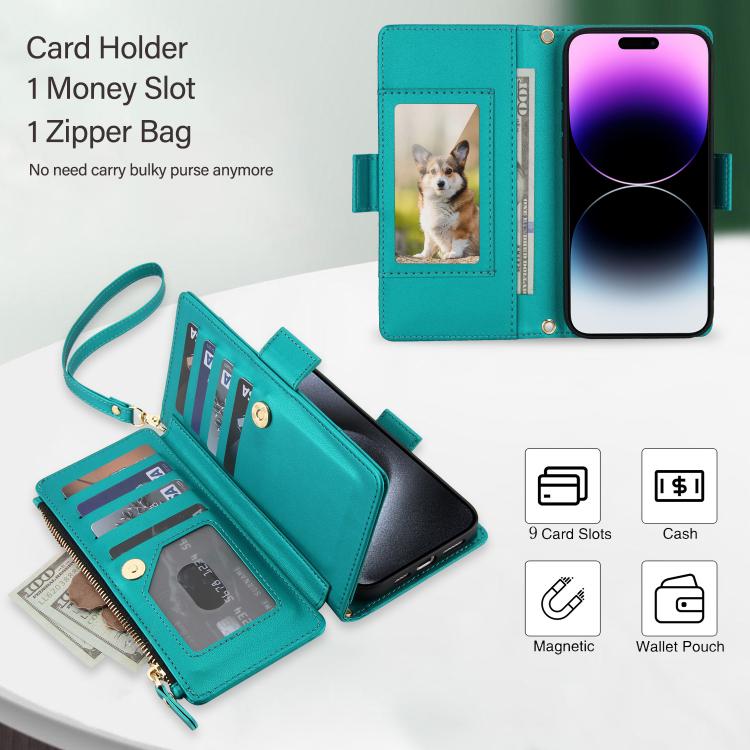 For iPhone 14 Pro Crossbody Diamond 9 Card Slots Zipper Bag Vegan Leather Phone Case