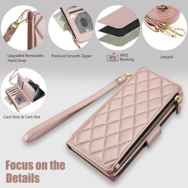 For iPhone 14 Pro Crossbody Diamond 9 Card Slots Zipper Bag Vegan Leather Phone Case
